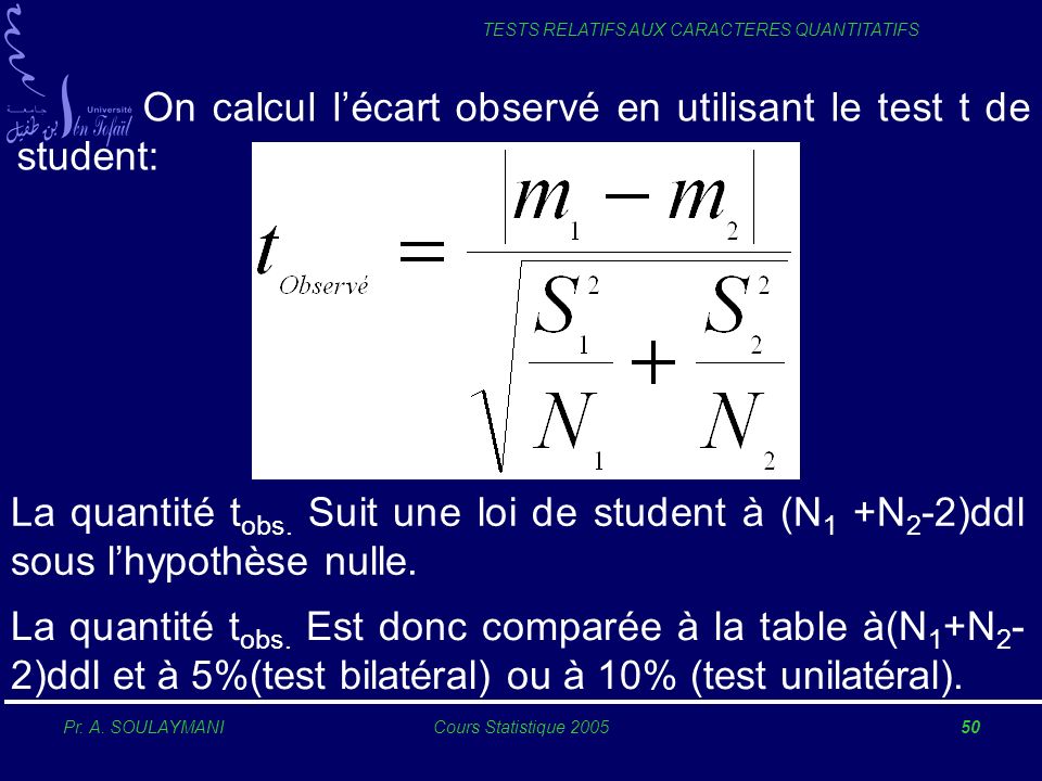 On calcul l’écart observé en utilisant le test t de student: