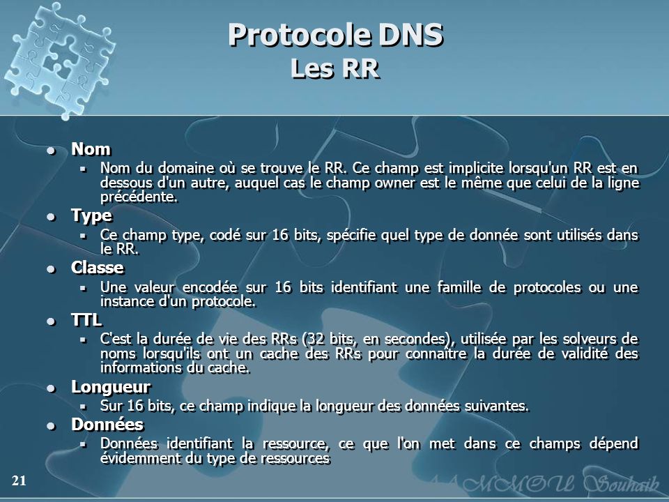 Protocole DNS Les RR Nom Type Classe TTL Longueur Données