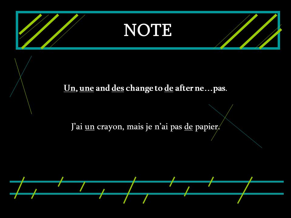 NOTE Un, une and des change to de after ne…pas.