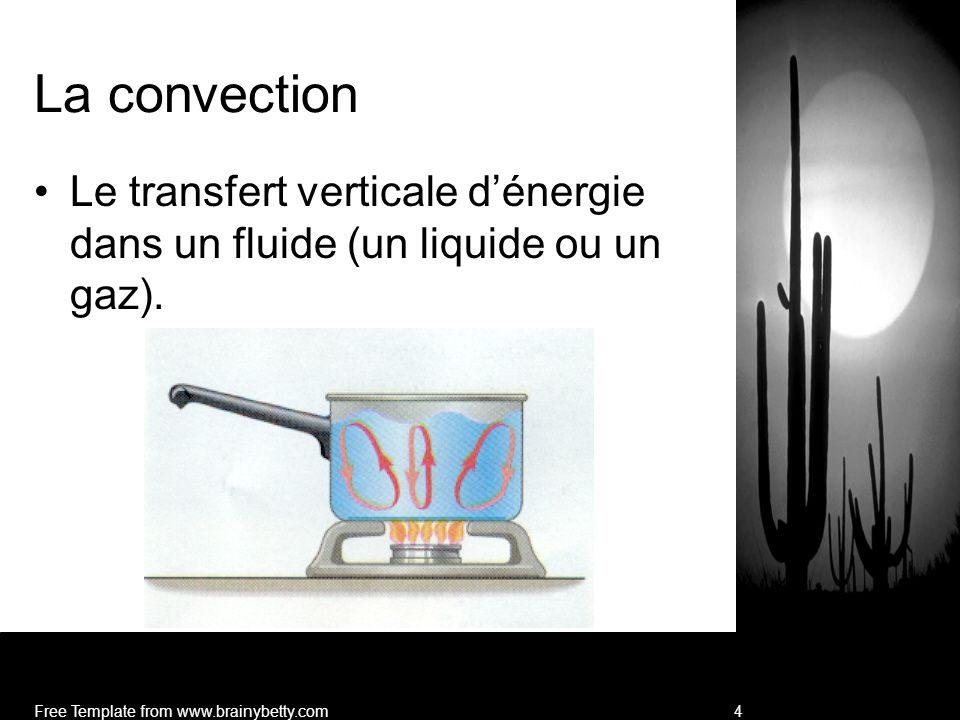 La convection Le transfert verticale d’énergie dans un fluide (un liquide ou un gaz).