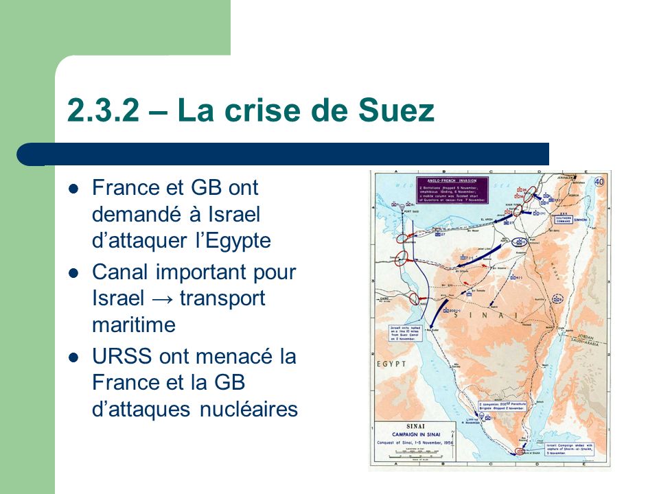 2.3.2 – La crise de Suez France et GB ont demandé à Israel d’attaquer l’Egypte. Canal important pour Israel → transport maritime.