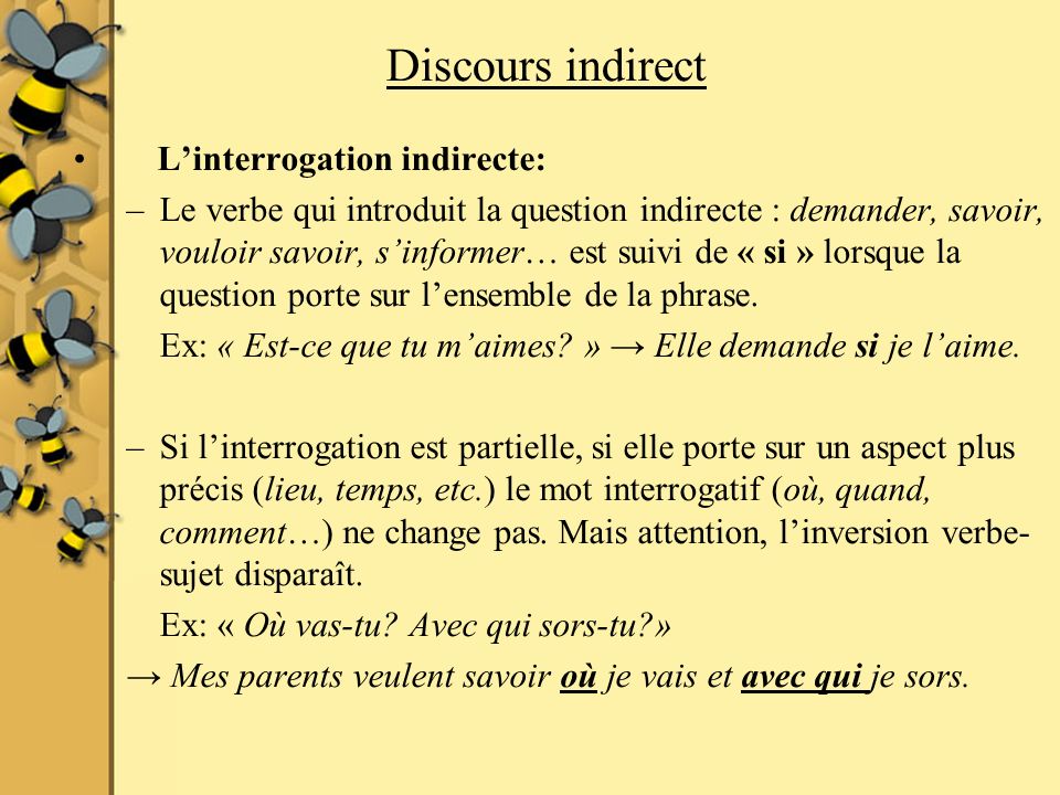 Discours indirect L’interrogation indirecte:
