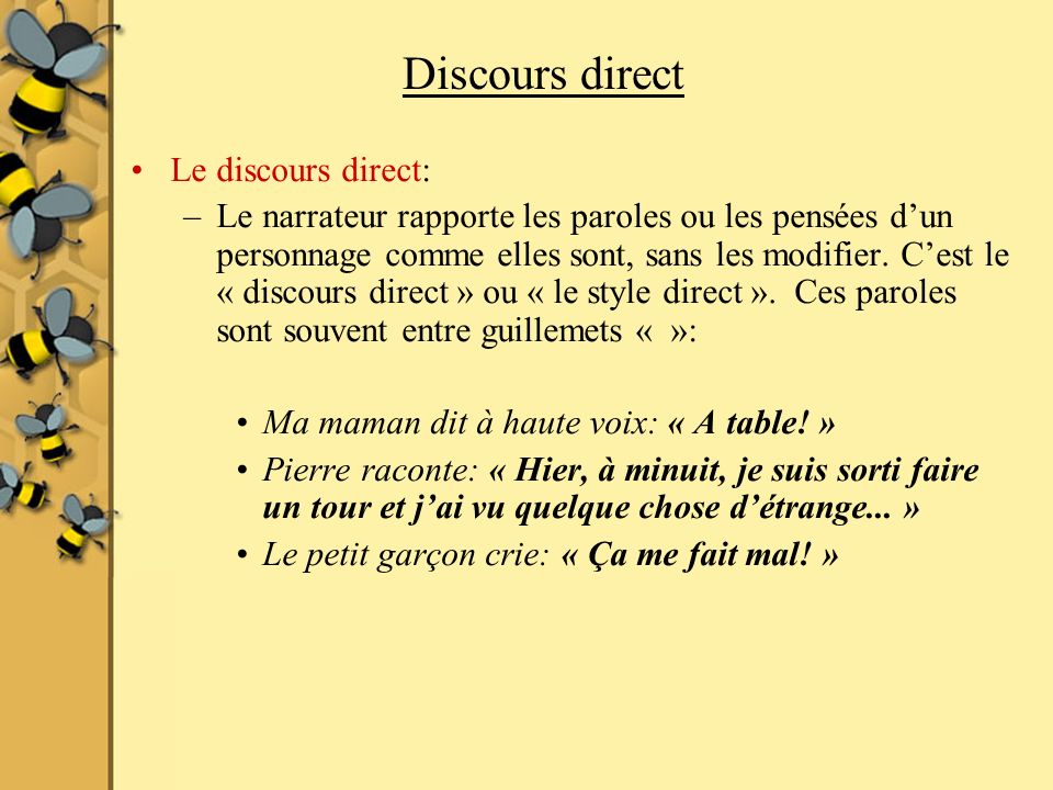 Discours direct Le discours direct: