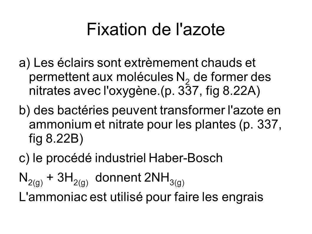 Fixation de l azote a) Les éclairs sont extrèmement chauds et permettent aux molécules N2 de former des nitrates avec l oxygène.(p. 337, fig 8.22A)