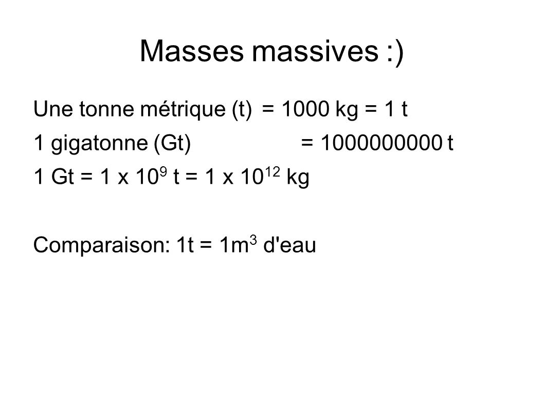 Masses massives :) Une tonne métrique (t) = 1000 kg = 1 t