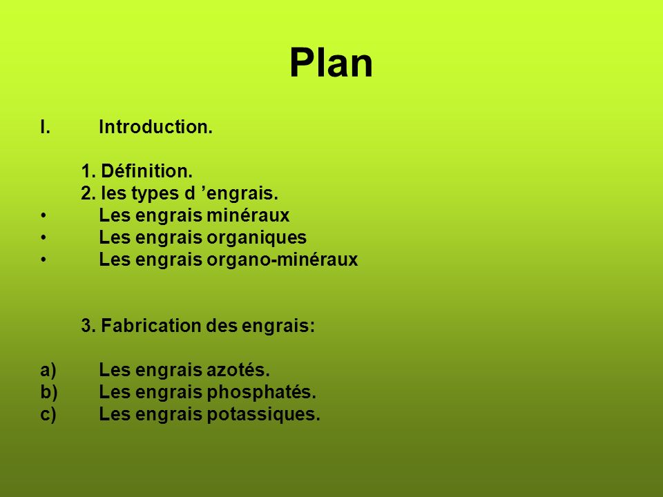 Plan Introduction. 1. Définition. 2. les types d ’engrais.