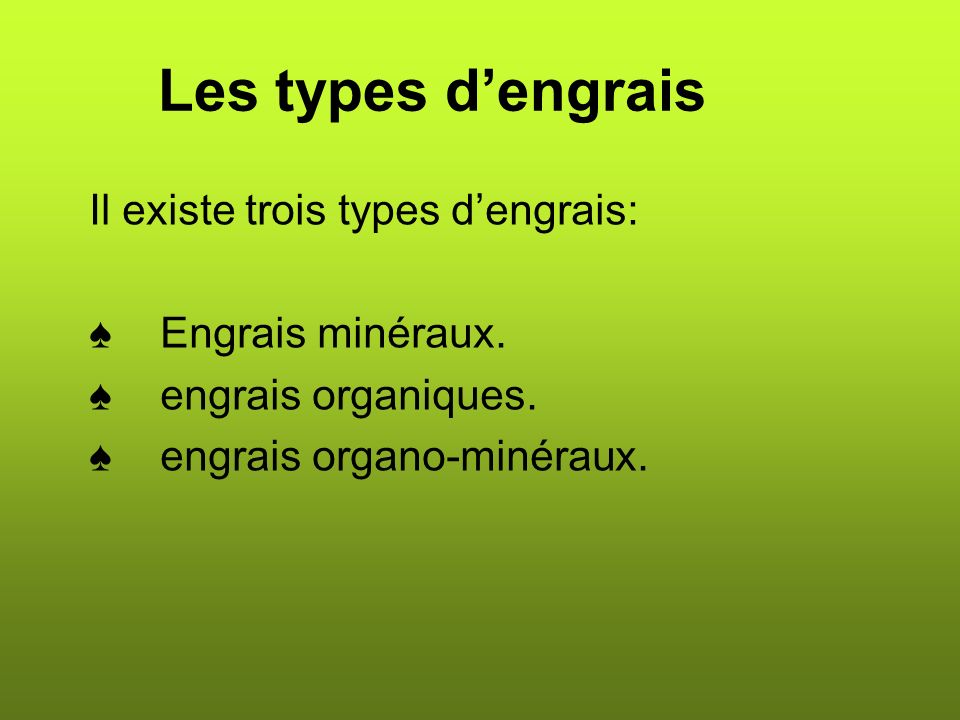 Les types d’engrais Il existe trois types d’engrais: Engrais minéraux.