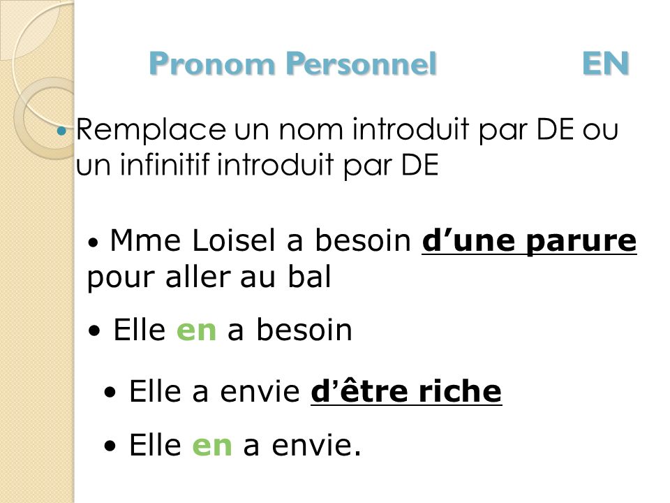 Pronom Personnel EN Remplace un nom introduit par DE ou un infinitif introduit par DE. Mme Loisel a besoin d’une parure pour aller au bal.