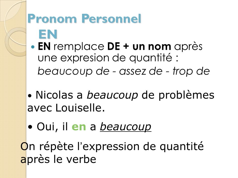 Pronom Personnel EN EN remplace DE + un nom après une expresion de quantité : beaucoup de - assez de - trop de.