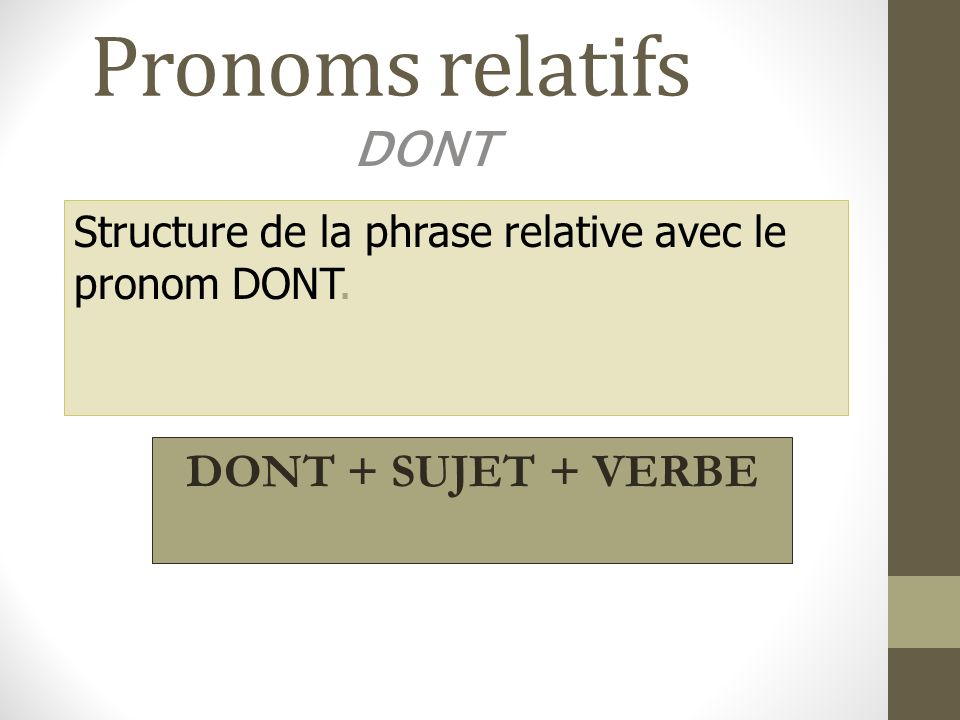 Pronoms relatifs DONT DONT + SUJET + VERBE
