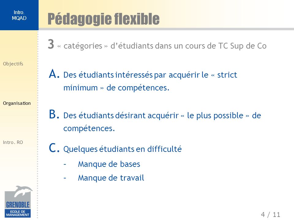 Pédagogie flexible 3 « catégories » d’étudiants dans un cours de TC Sup de Co.