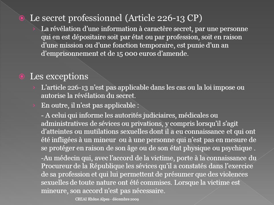 Le secret professionnel (Article CP)
