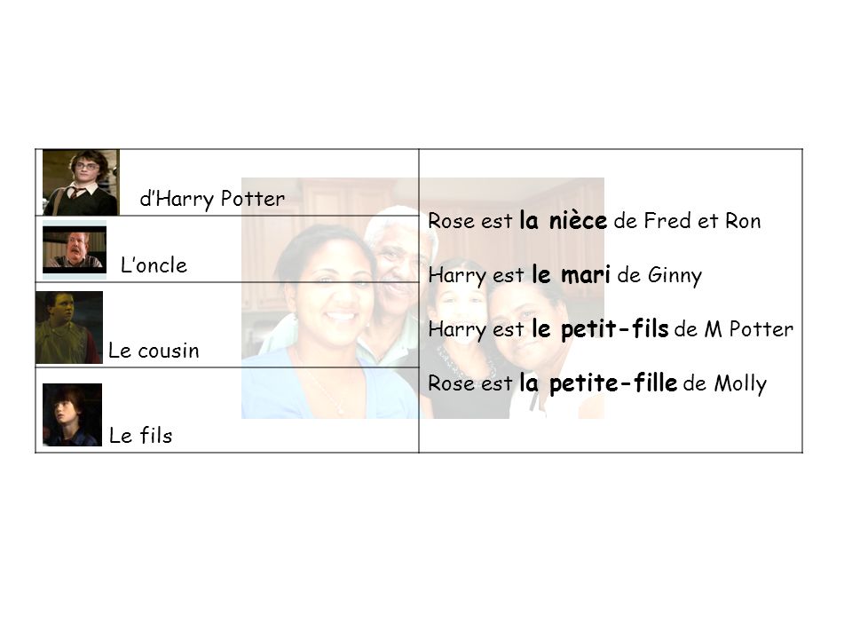 d’Harry Potter Rose est la nièce de Fred et Ron. Harry est le mari de Ginny. Harry est le petit-fils de M Potter.
