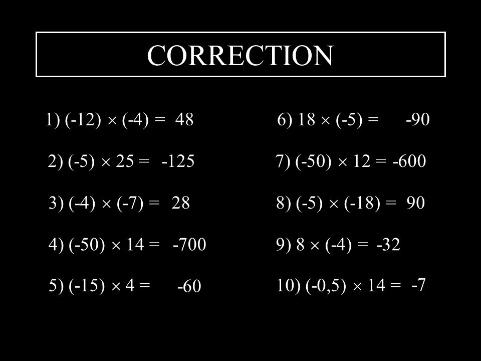CORRECTION 1) (-12)  (-4) = 48 6) 18  (-5) = -90 2) (-5)  25 = -125
