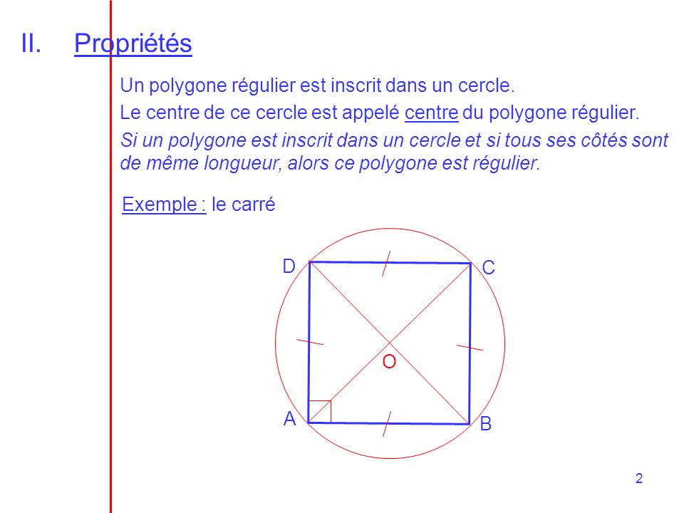 Propriétés Un polygone régulier est inscrit dans un cercle.