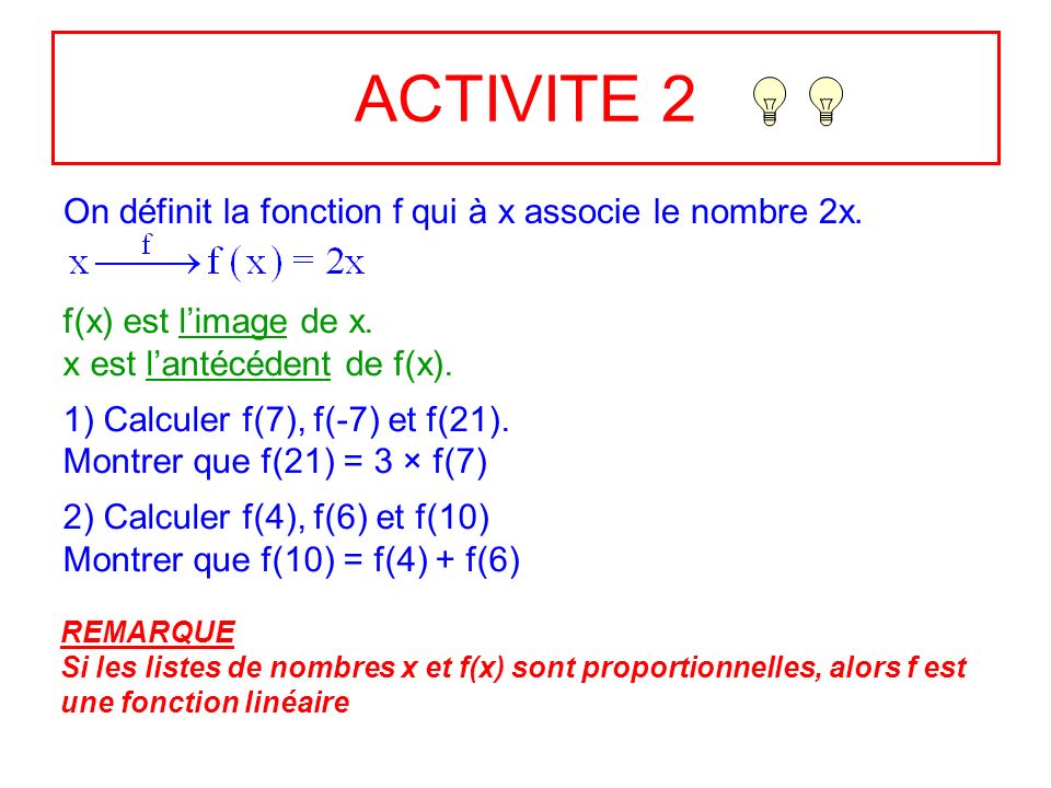 ACTIVITE 2 On définit la fonction f qui à x associe le nombre 2x.