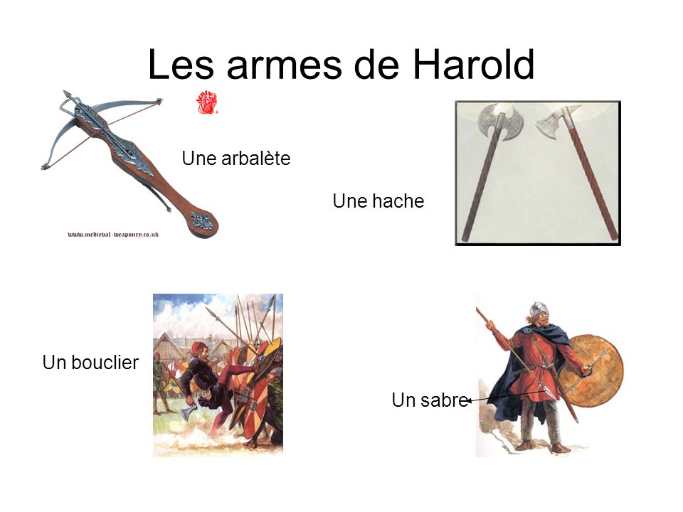 Les armes de Harold Une arbalète Une hache Un bouclier Un sabre