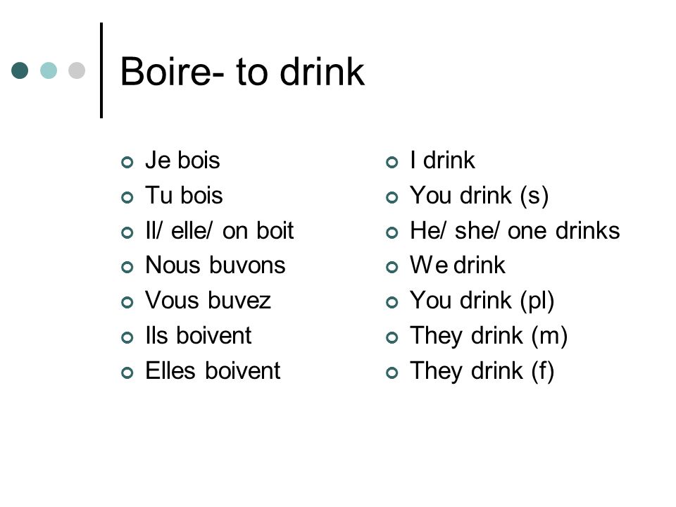 Boire- to drink Je bois Tu bois Il/ elle/ on boit Nous buvons