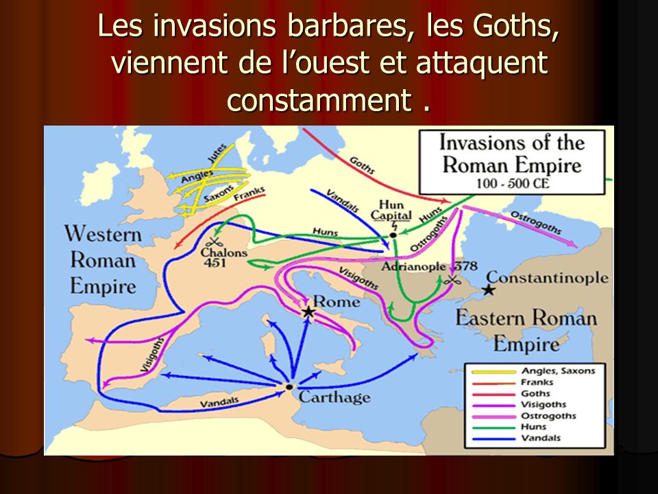 Les invasions barbares, les Goths, viennent de l’ouest et attaquent constamment .