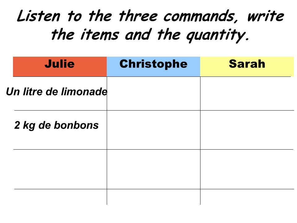 Listen to the three commands, write the items and the quantity.