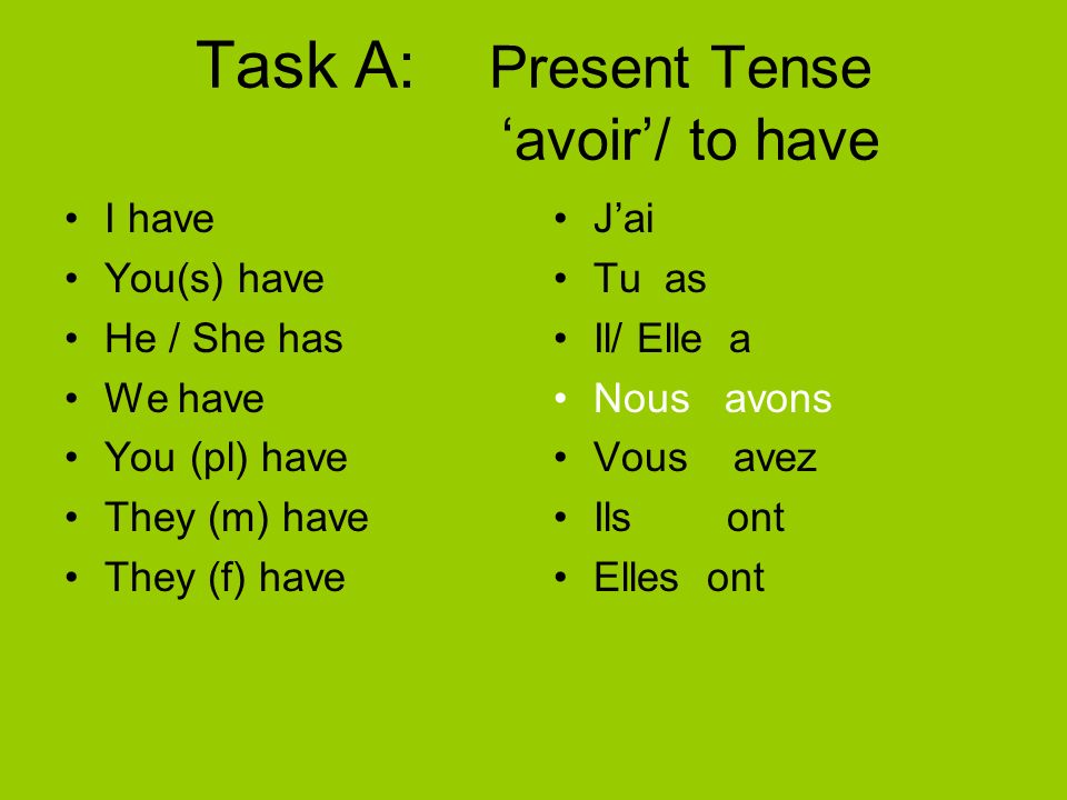 Task A: Present Tense ‘avoir’/ to have