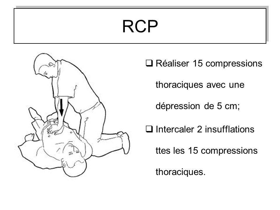 RCP Réaliser 15 compressions thoraciques avec une dépression de 5 cm;