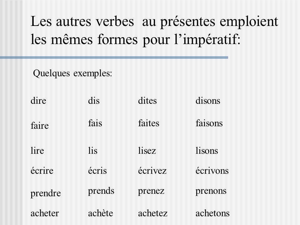 Les autres verbes au présentes emploient les mêmes formes pour l’impératif: