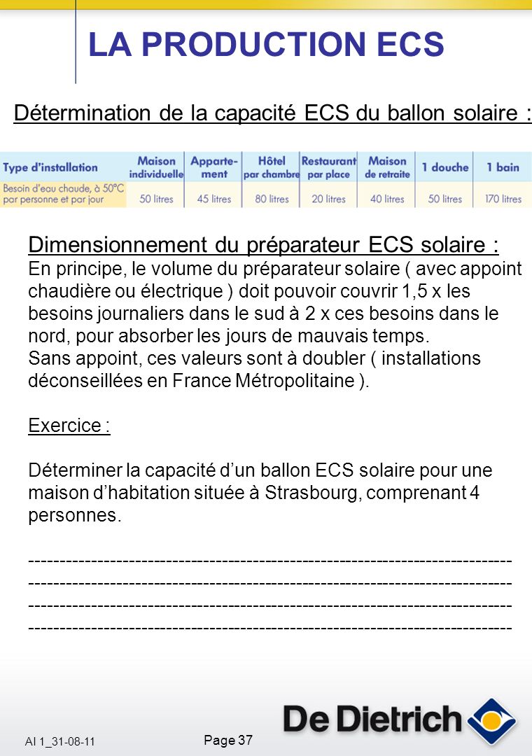LA PRODUCTION ECS Détermination de la capacité ECS du ballon solaire :