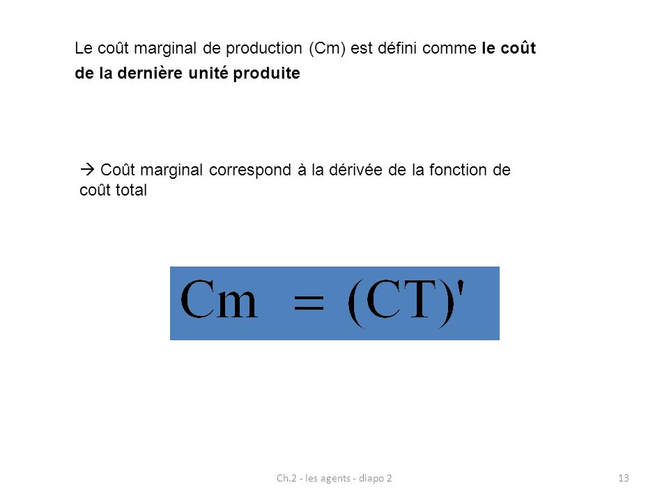  Coût marginal correspond à la dérivée de la fonction de coût total