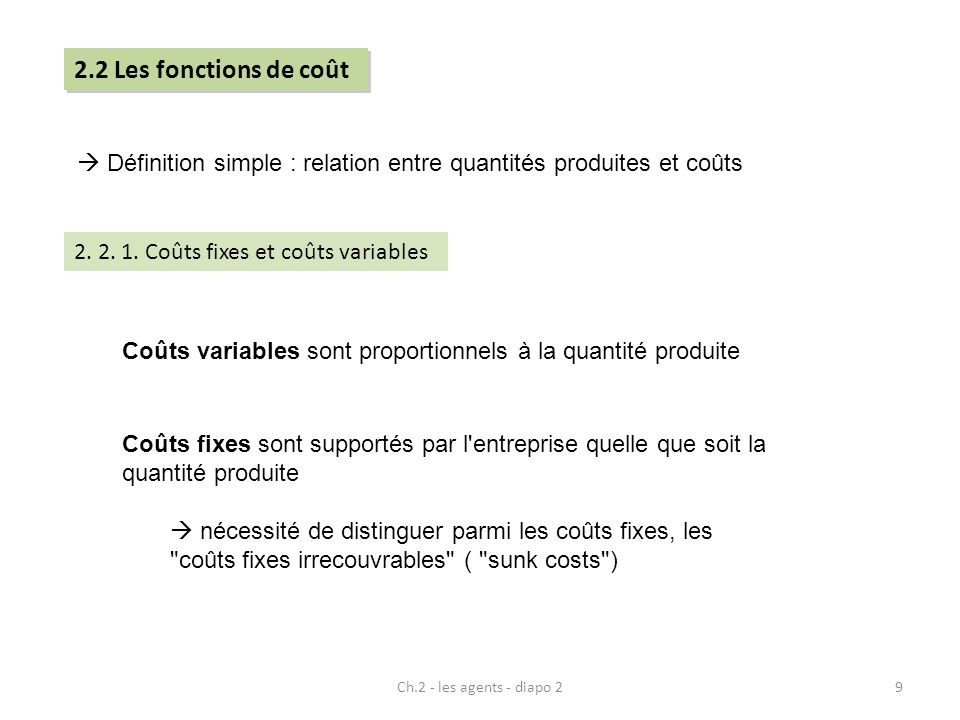 2.2 Les fonctions de coût  Définition simple : relation entre quantités produites et coûts Coûts fixes et coûts variables.