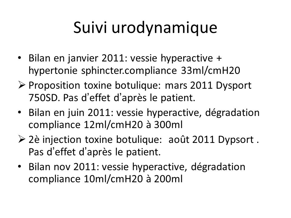 Suivi urodynamique Bilan en janvier 2011: vessie hyperactive + hypertonie sphincter.compliance 33ml/cmH20.