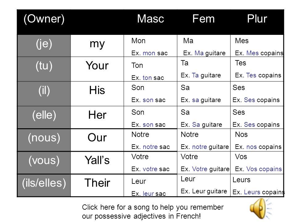 (Owner) Masc Fem Plur (je) my (tu) Your (il) His (elle) Her (nous) Our