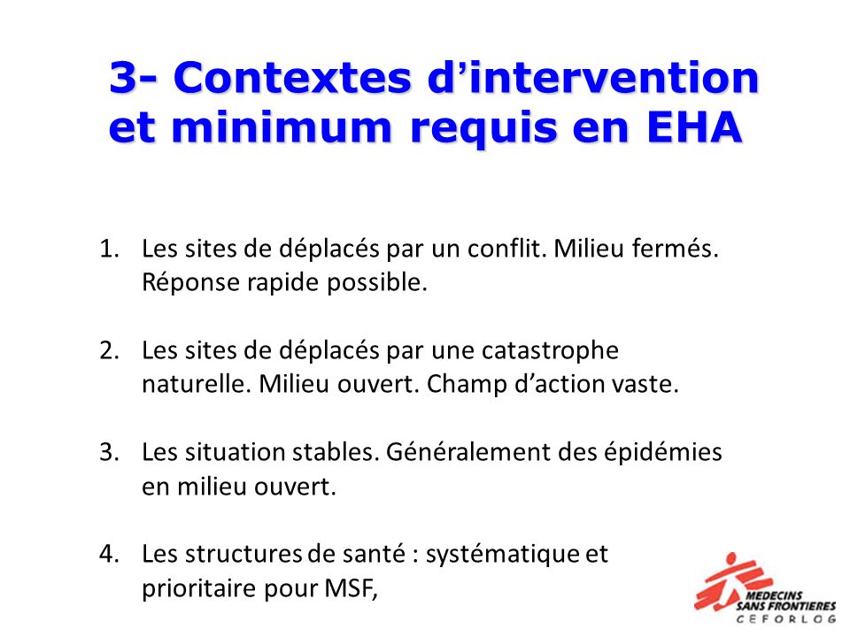 3- Contextes d’intervention et minimum requis en EHA