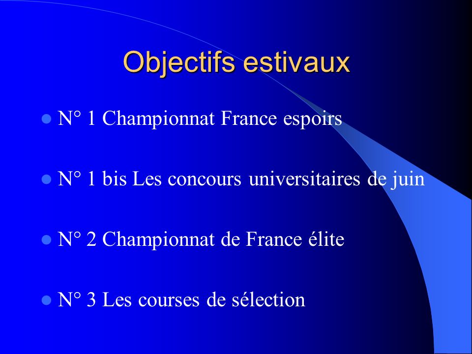 Objectifs estivaux N° 1 Championnat France espoirs
