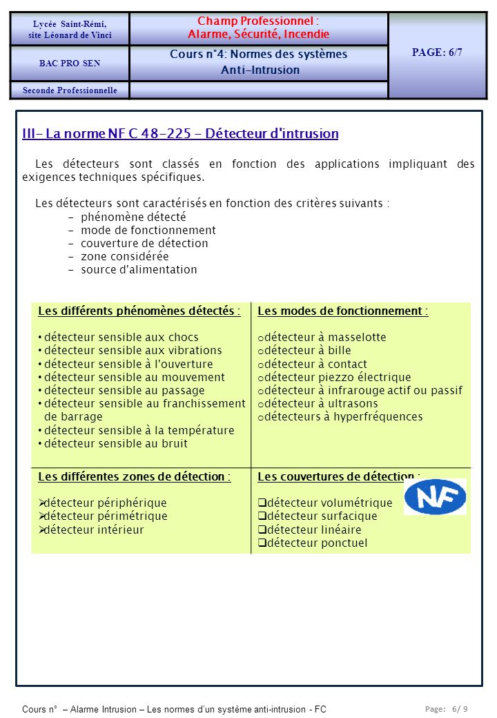 III- La norme NF C Détecteur d intrusion