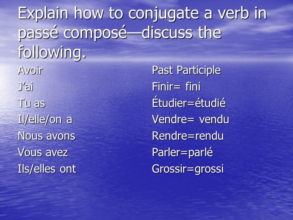 Explain how to conjugate a verb in passé composé—discuss the following.
