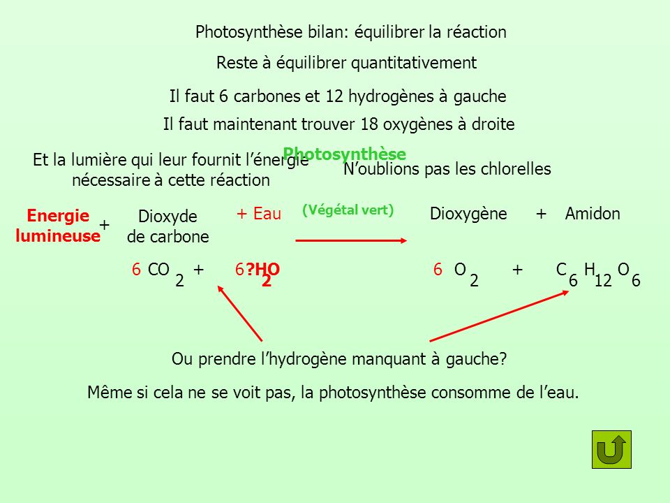 Photosynthèse bilan: équilibrer la réaction