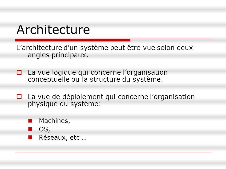 Architecture L’architecture d’un système peut être vue selon deux angles principaux.