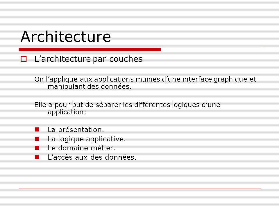 Architecture L’architecture par couches La présentation.