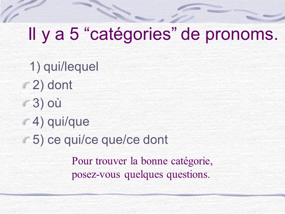 Il y a 5 catégories de pronoms.