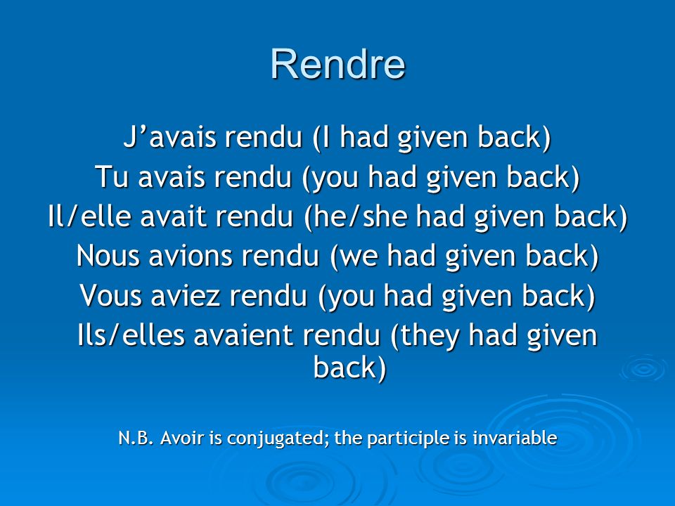 Rendre J’avais rendu (I had given back)