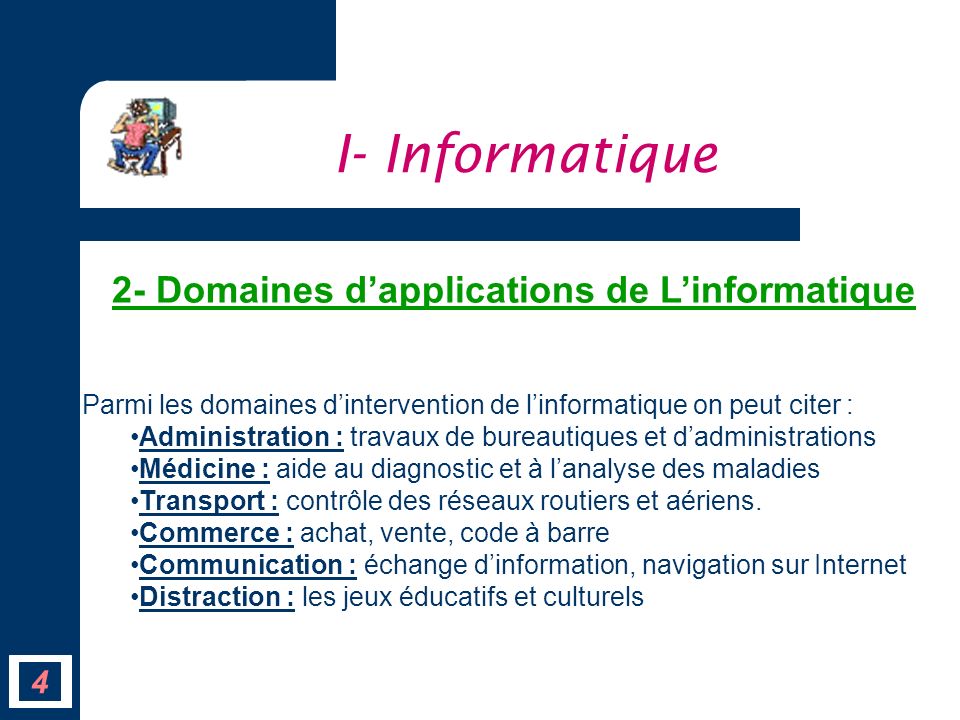 I- Informatique 2- Domaines d’applications de L’informatique 4