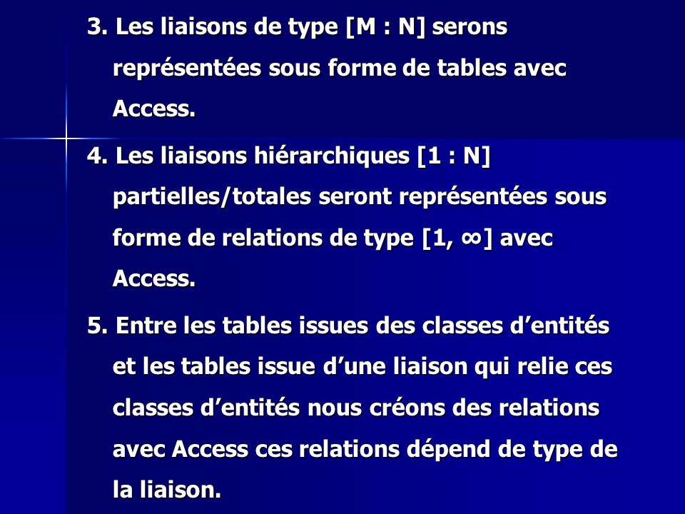 3. Les liaisons de type [M : N] serons représentées sous forme de tables avec Access.