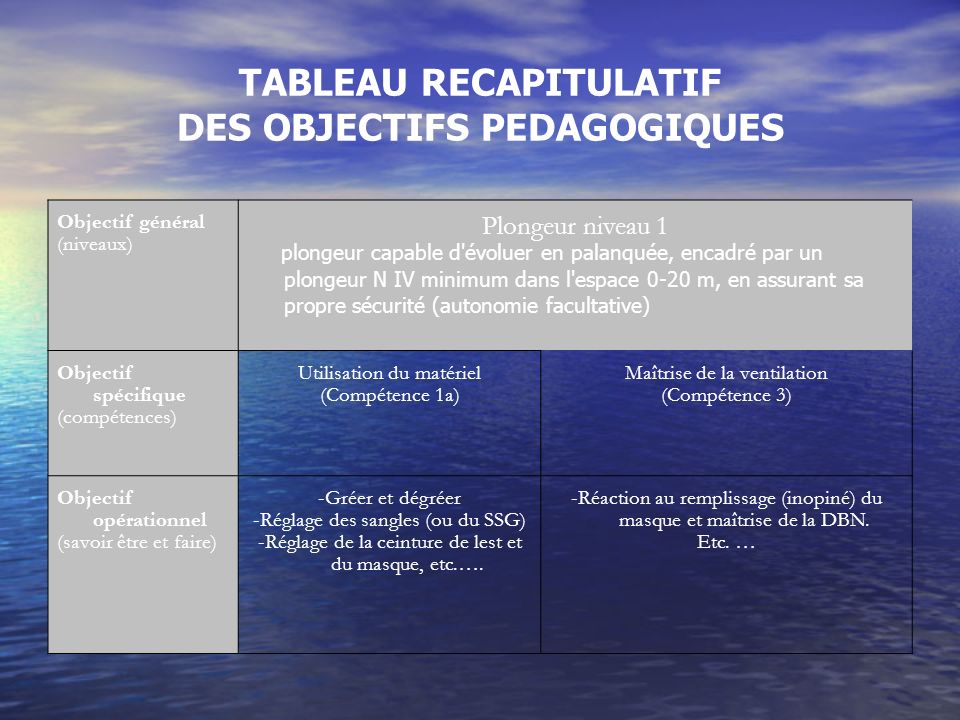 TABLEAU RECAPITULATIF DES OBJECTIFS PEDAGOGIQUES
