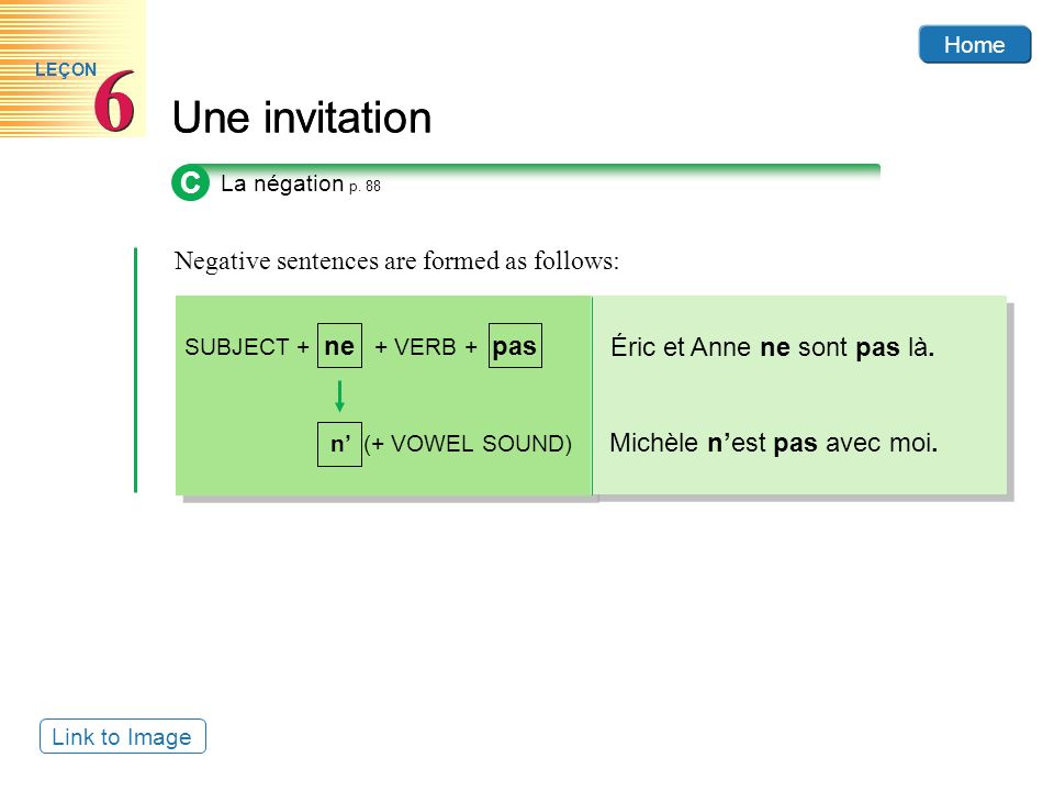 6 Une invitation C Negative sentences are formed as follows: