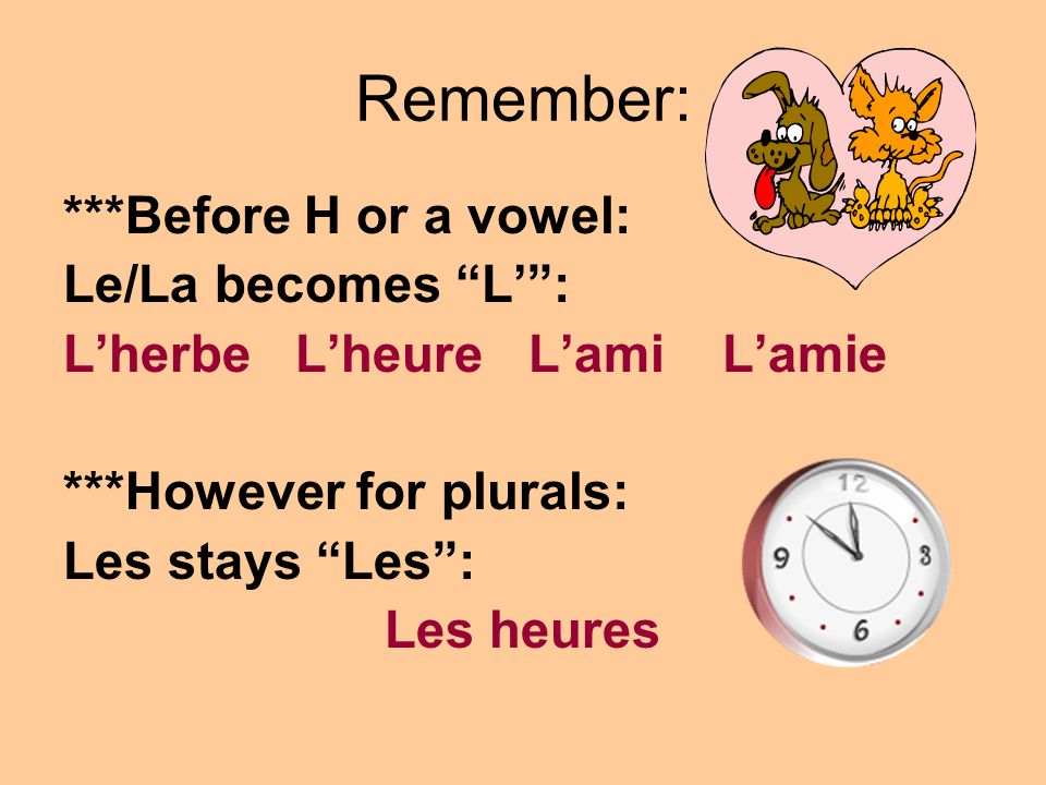 Remember: ***Before H or a vowel: Le/La becomes L’ :