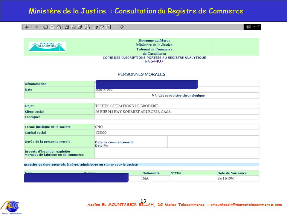 Ministère de la Justice : Consultation du Registre de Commerce