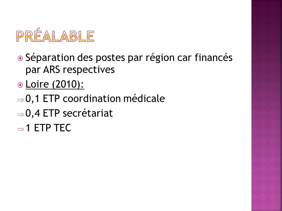 Préalable Séparation des postes par région car financés par ARS respectives. Loire (2010): 0,1 ETP coordination médicale.