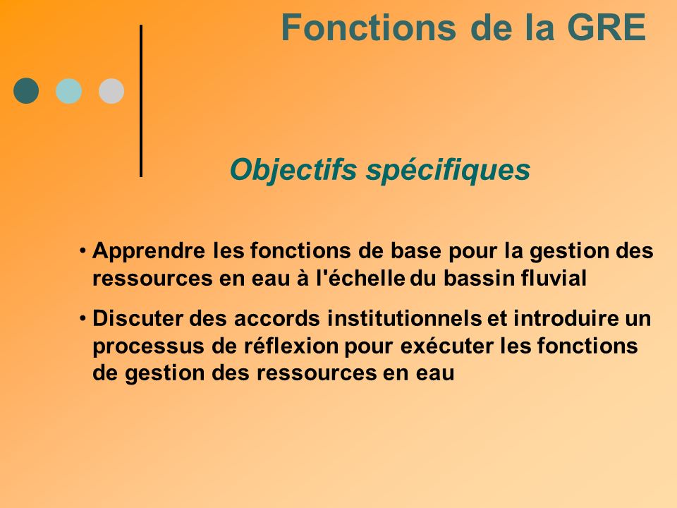 Fonctions de la GRE Objectifs spécifiques