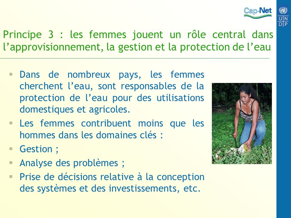 Principe 3 : les femmes jouent un rôle central dans l’approvisionnement, la gestion et la protection de l’eau